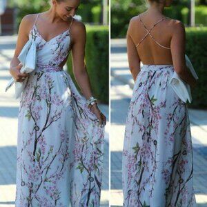 NWOT Cherry Blossom Floral White Pink Multi Color Day Beach Dress Maxi Chiffon